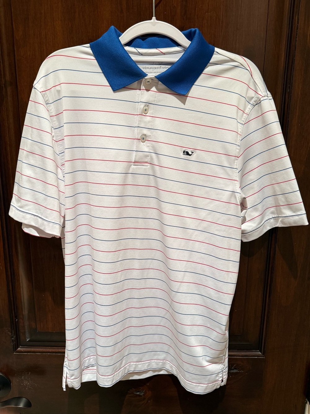 Vineyard Vines White Polo with Blue Collar and Red & Blue Stripes